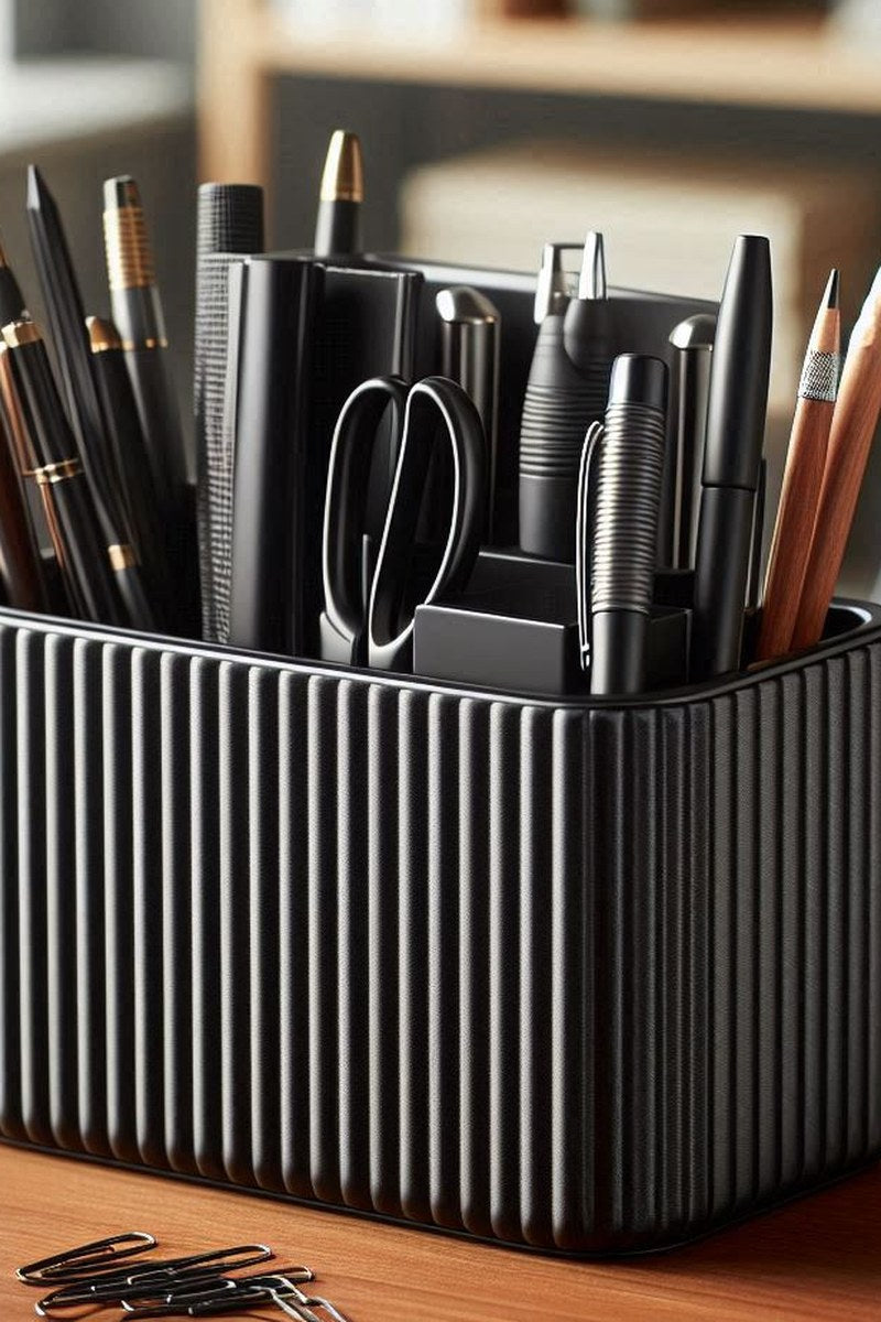 Gros plan d'un organiseur de bureau cannelé à texture verticale et lignes épurées