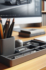 Gros plan d'un plateau de bureau et d'un pot à crayons minimalistes aux lignes épurées