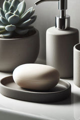 Ensemble porte-savon et porte-brosse à dents blanc vu de face, design lisse et minimaliste