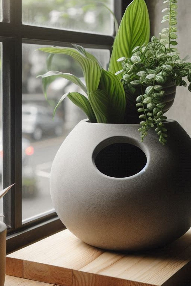 Pot auto-arrosant minimaliste à la forme arrondie, ouverture de remplissage visible sur le dessus