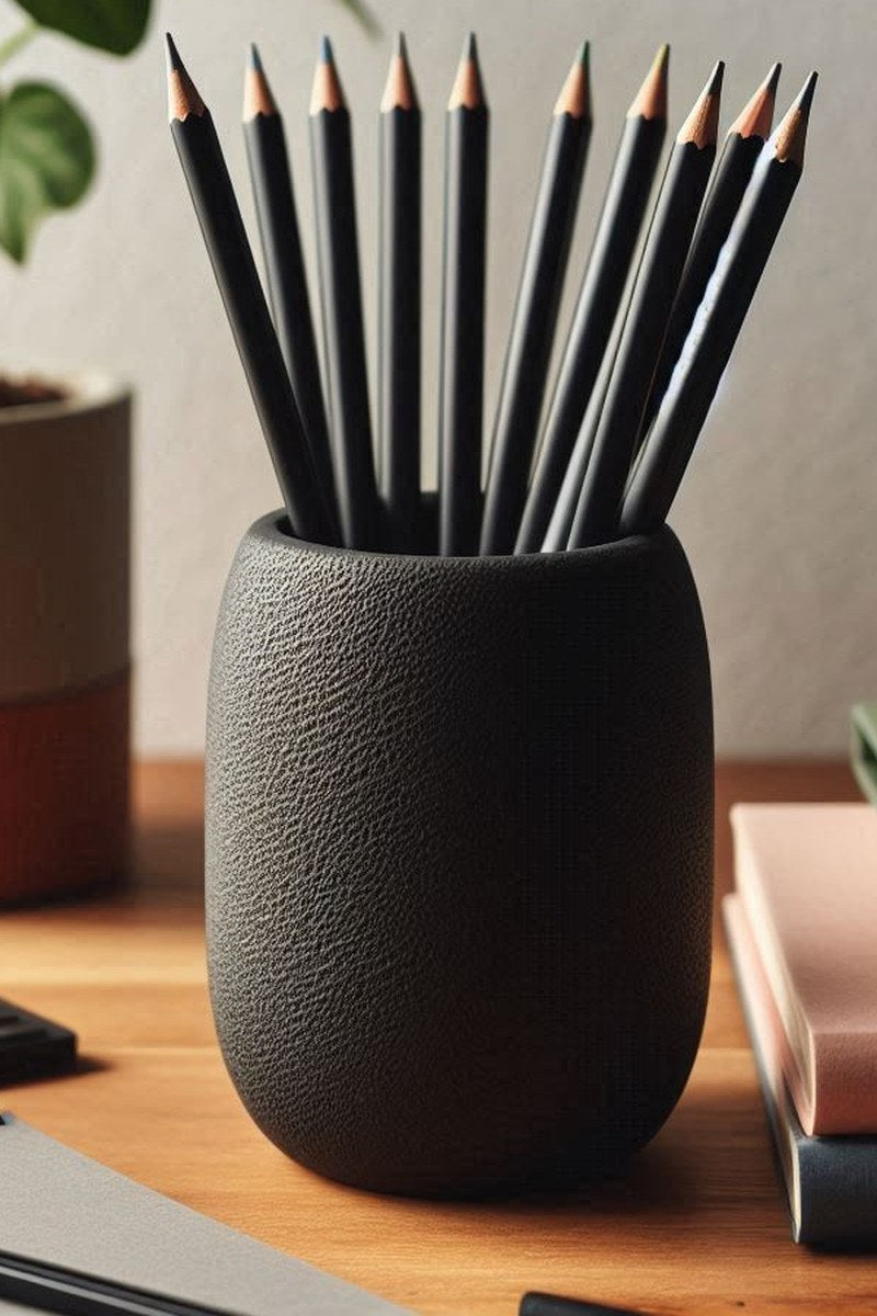 Gros plan d'un pot à crayons rond texturé à surface organique