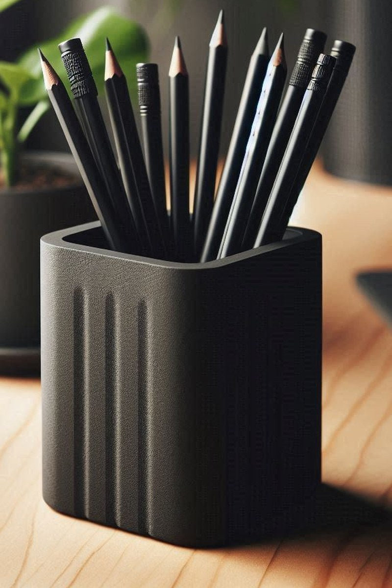 Gros plan d'un pot à crayons carré minimaliste aux côtés rainurés