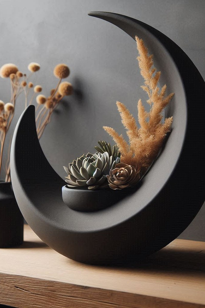 Gros plan d'un vase croissant de lune à surface incurvée et coupelle intégrée