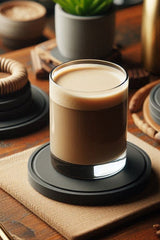Sous-verre rond minimaliste et lisse vu de dessus, géométrie épurée et surface mate