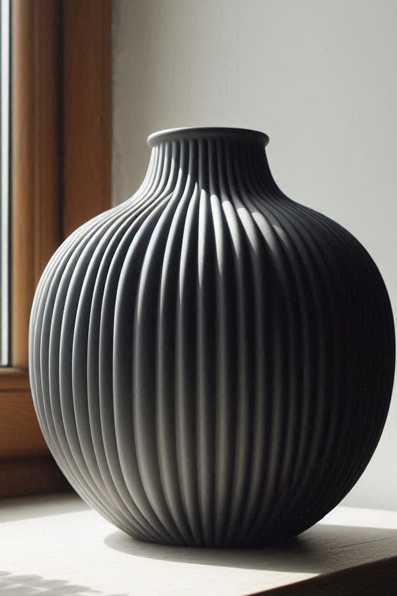Gros plan d'un vase cannelé aux lignes verticales sur une forme ronde
