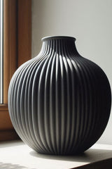 Gros plan d'un vase cannelé aux lignes verticales sur une forme ronde