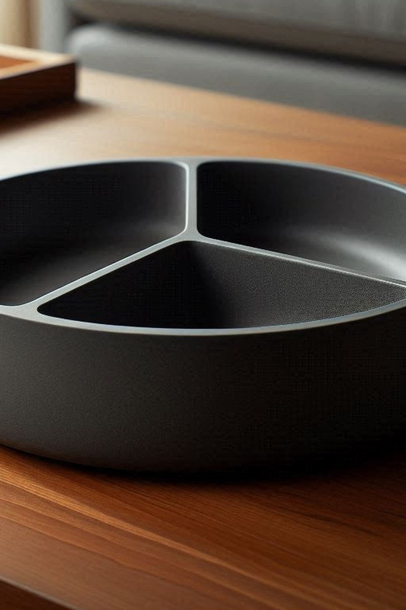 Plateau apéritif minimaliste à trois compartiments, gros plan sur la surface blanche épurée