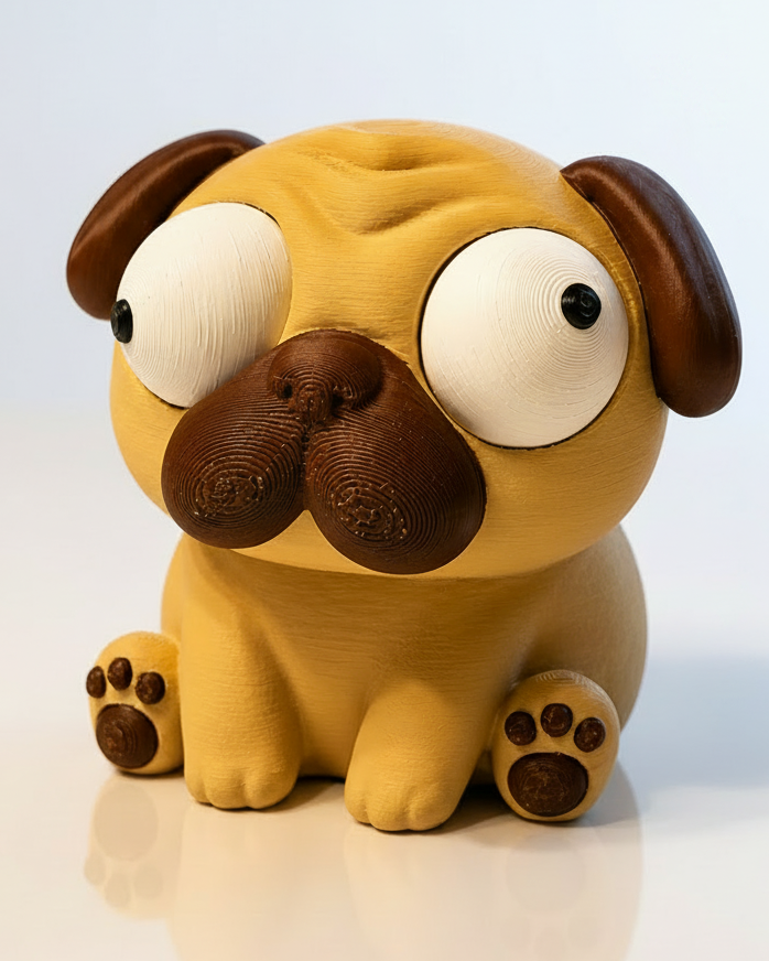 Figurine de carlin aux yeux mobiles sur fond blanc – jouet de bureau Puggy