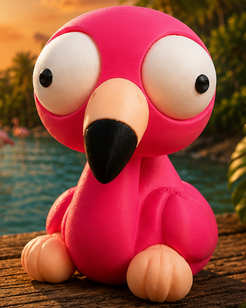 Gros plan d'une figurine de flamant rose de la série Goofy aux grands yeux mobiles