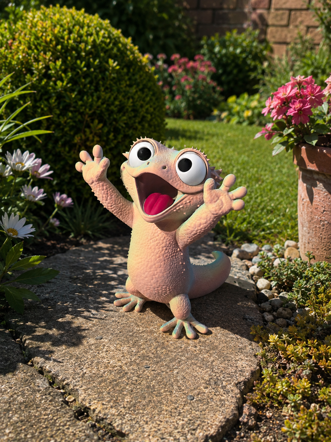 Figurine de jardin gecko vue de face – tricolore pêche et rose