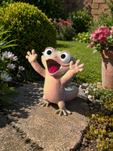 Figurine de jardin gecko vue de face – tricolore pêche et rose