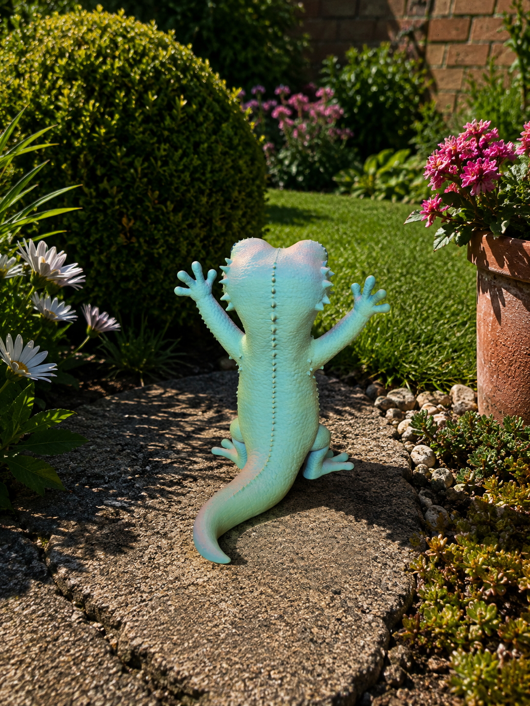 Figurine de jardin gecko vue de dos – tricolore passant au menthe et turquoise
