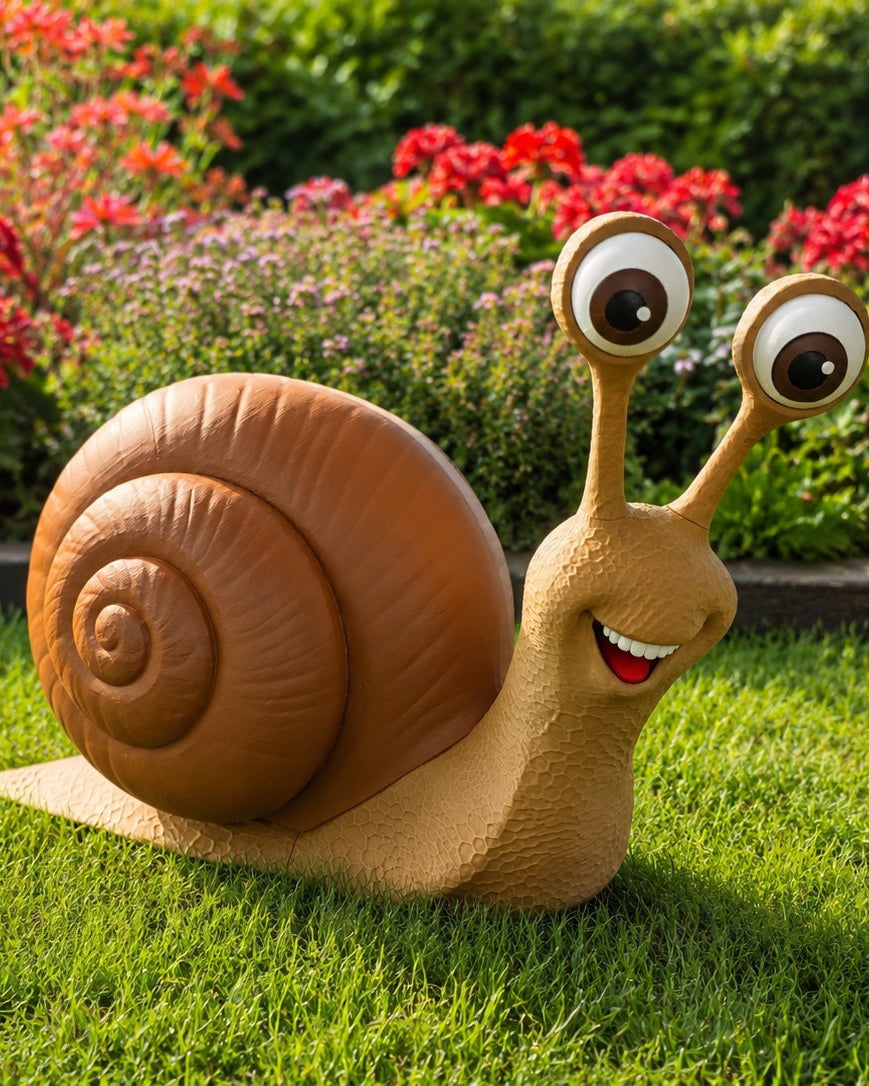 Figurine géante d'escargot de jardin aux grands yeux de dessin animé sur une pelouse