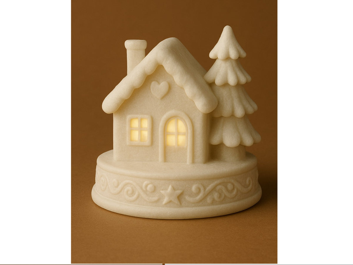 Maison en pain d'épices pour bougie chauffe-plat – maison de Noël avec deux sapins