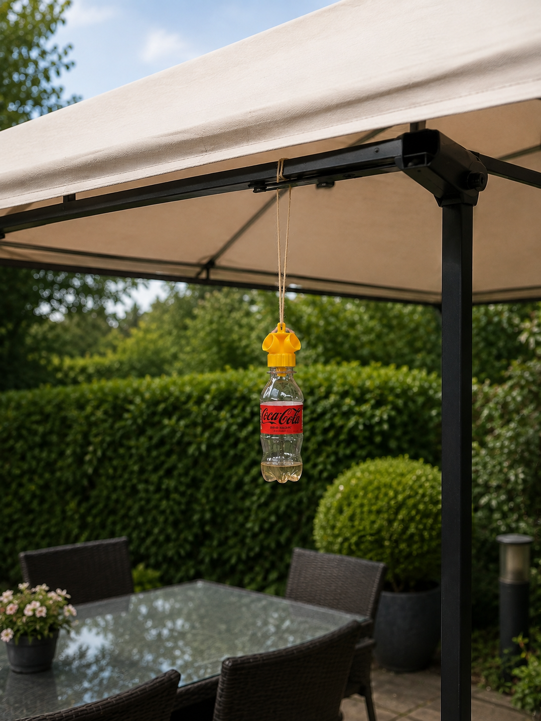 Piège à guêpes vissé sur une bouteille de soda suspendu dans le jardin