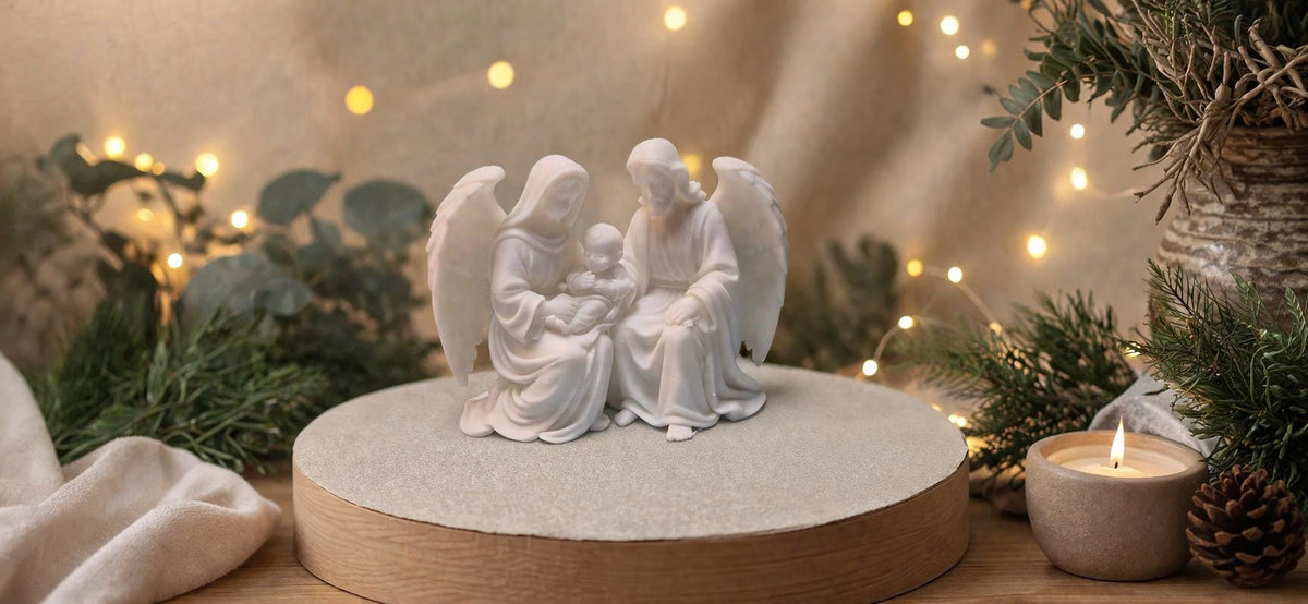 Marie et Joseph avec l'Enfant enveloppés d'ailes d'ange