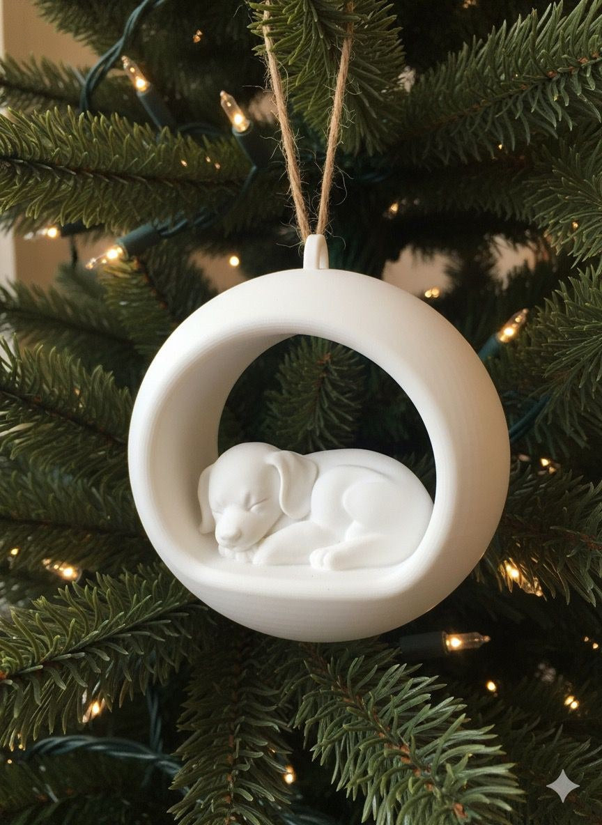 Boule de Noël ronde avec chiot endormi
