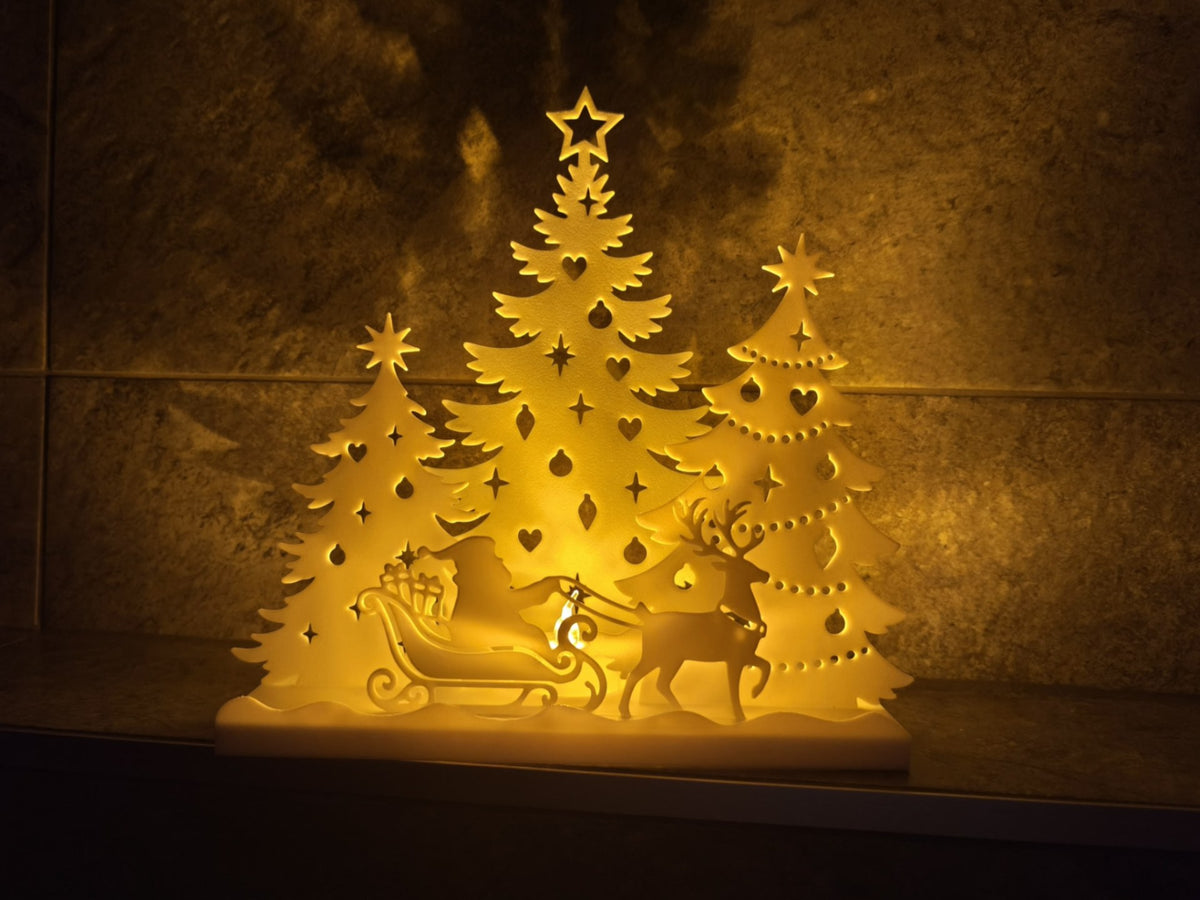 Maison de Noël pour bougie chauffe-plat – Père Noël en traîneau et forêt