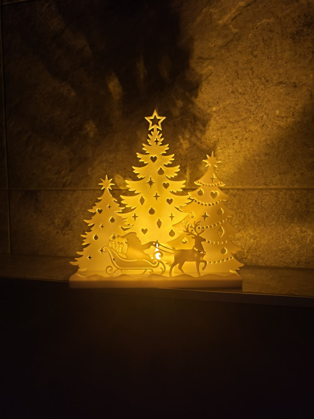 Maison de Noël pour bougie chauffe-plat – Père Noël en traîneau et forêt