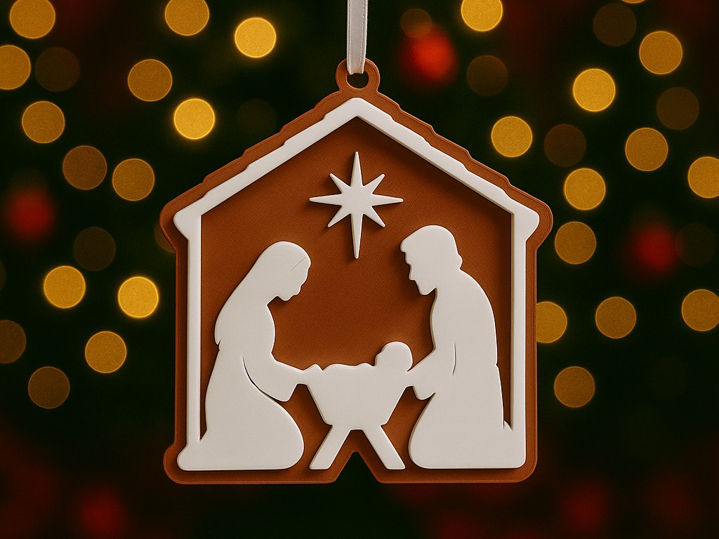 Décoration de sapin avec crèche : Marie, Joseph et l'Enfant Jésus