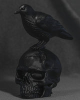 Gros plan d'une sculpture de corbeau sombre sur un crâne humain fissuré