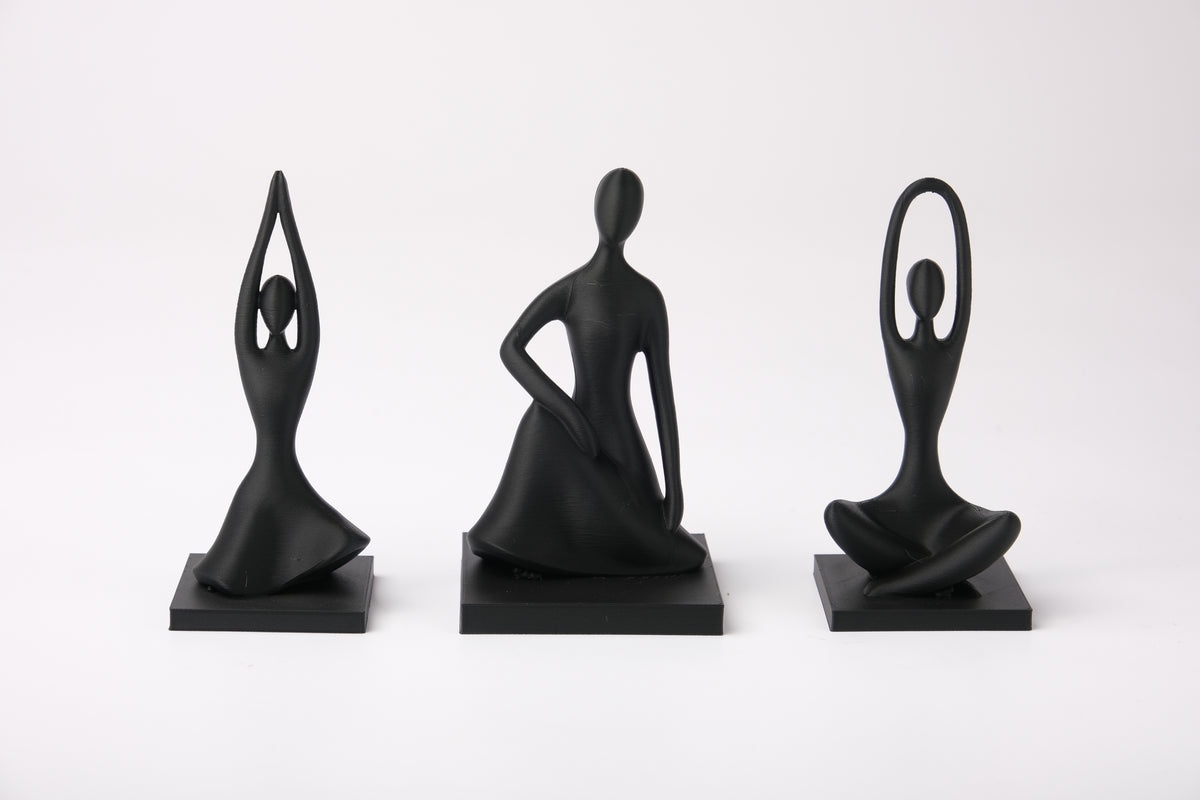Harmony Pose Trio sur une étagère en bois près d'une petite plante et d'une coupe en céramique