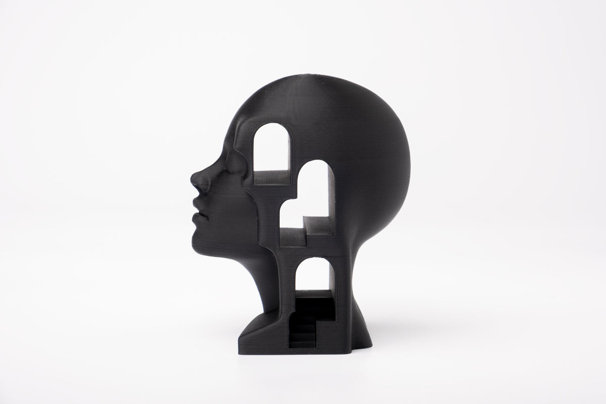 Buste architectural surréaliste sur une bibliothèque minimaliste avec objets décoratifs naturels