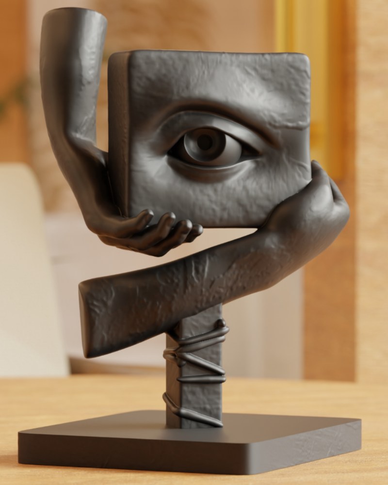 Sculpture d'œil surréaliste : deux mains tiennent un cube texturé avec un œil humain, blanc