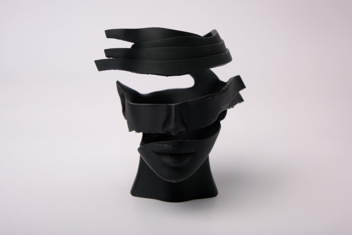 Sculpture surréaliste de visage abstrait sur une étagère minimaliste avec livres et plantes