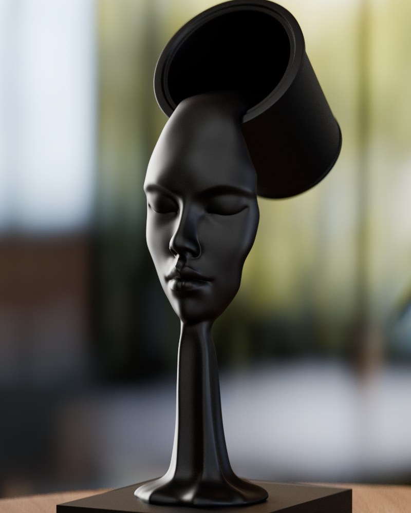 Sculpture surréaliste abstraite d'un visage émergeant d'une forme fluide, sur fond blanc
