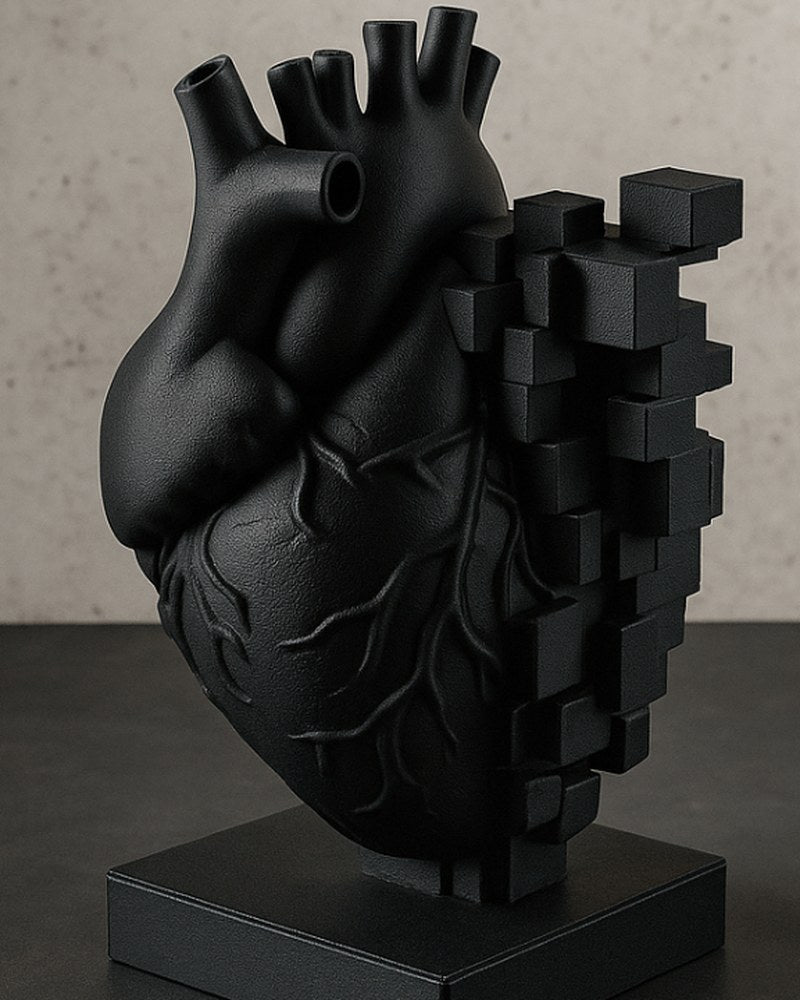 Sculpture de cœur pixelisé noir mat en gros plan, géométrie anatomique et cubique côte à côte