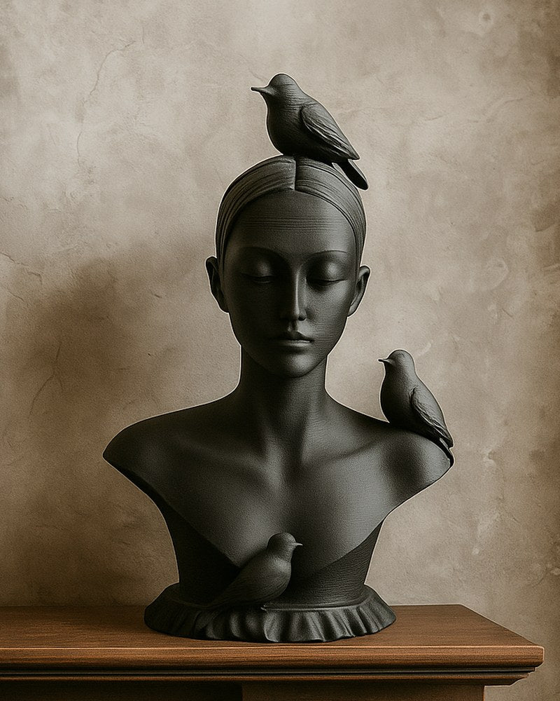 Buste de femme surréaliste noir mat avec trois oiseaux, vu de face sur fond blanc