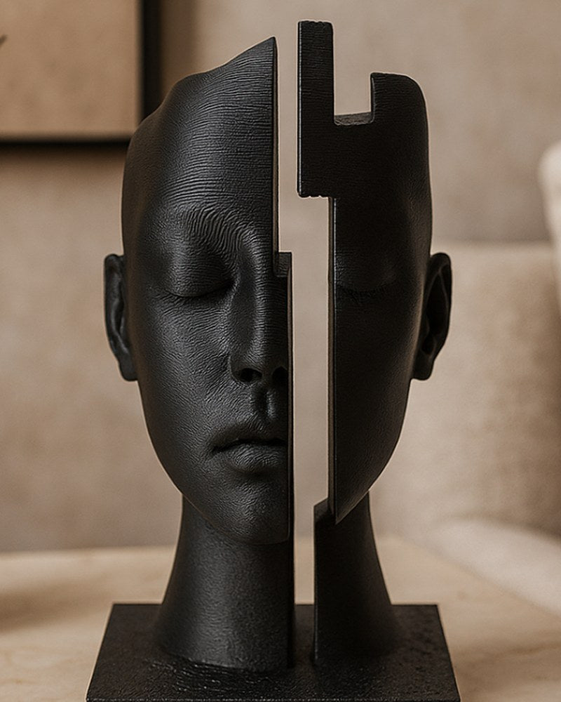 Sculpture abstraite de visage noir mat au centre fendu, vue de face sur une surface blanche