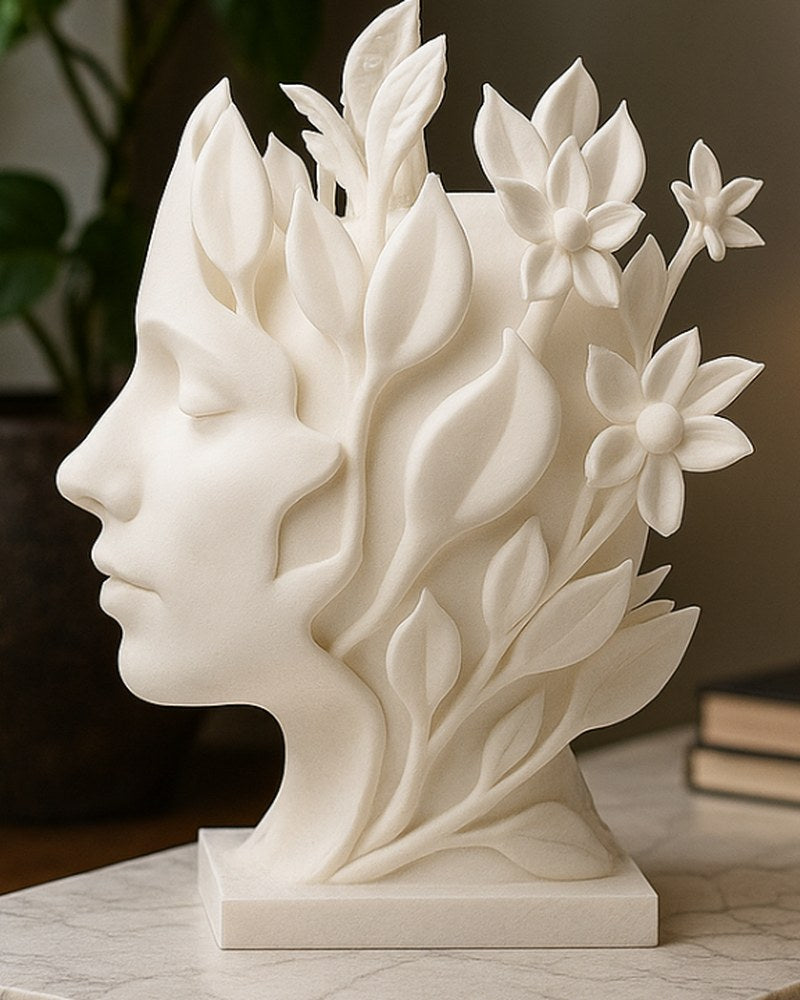 Gros plan d'un buste botanique où un visage de femme se fond en feuilles et en fleurs