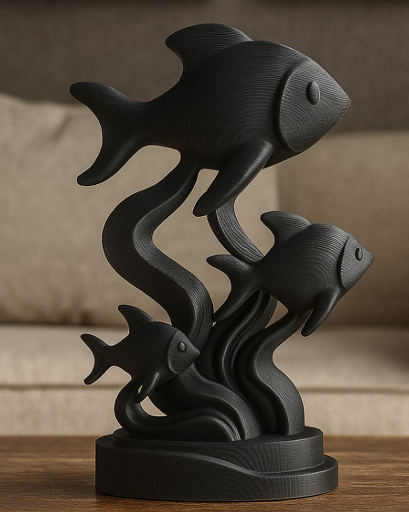 Gros plan d'une sculpture décorative de trois poissons et d'algues