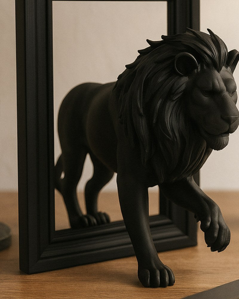 Sculpture de lion noir mat traversant un cadre rectangulaire, vue de face sur fond blanc