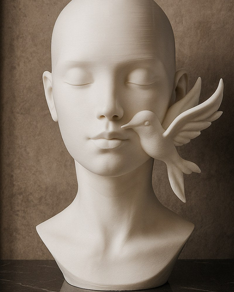 Sculpture de visage serein aux yeux clos avec colibri, finition mate