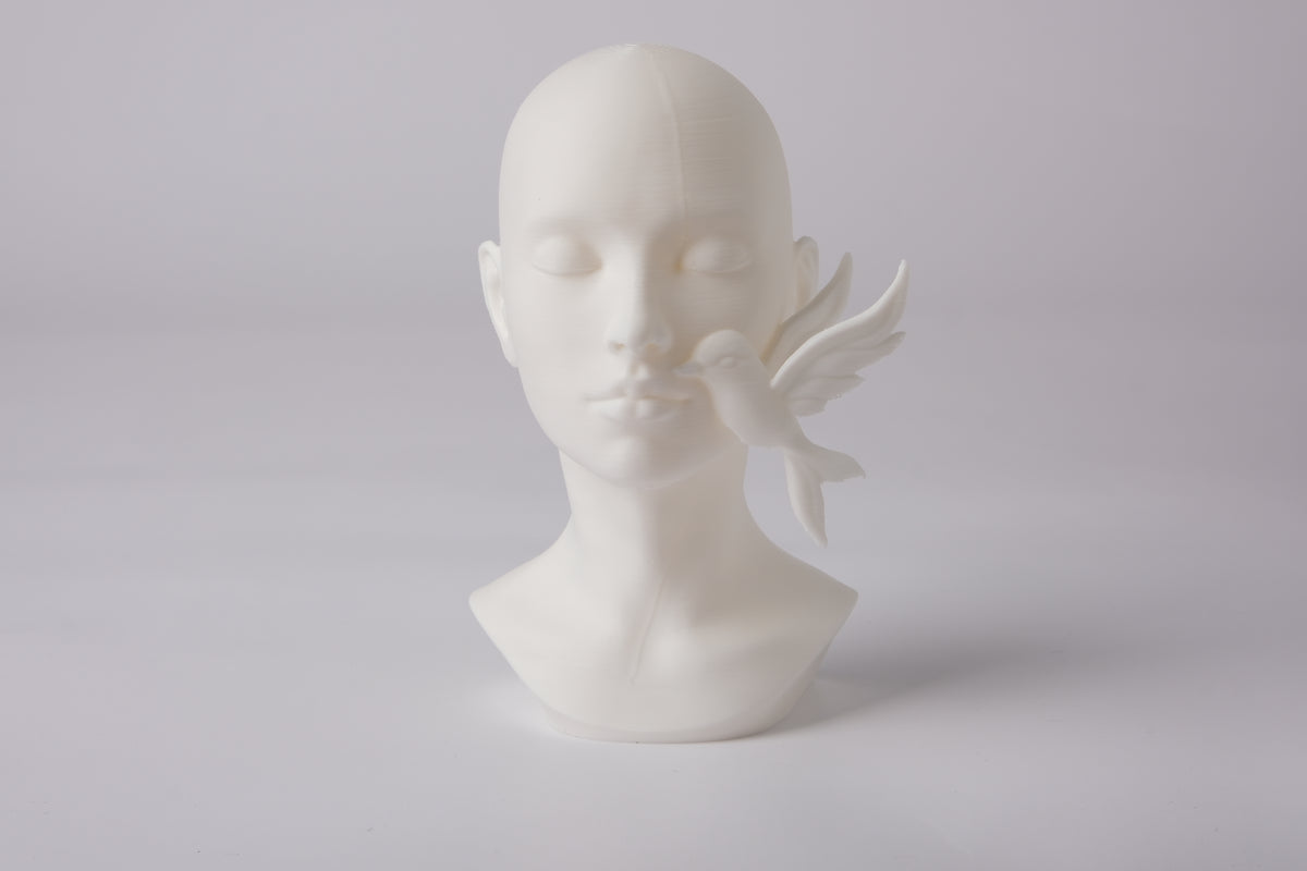 Sculpture de visage Serenity sur une étagère en bois avec plantes séchées et lin doux