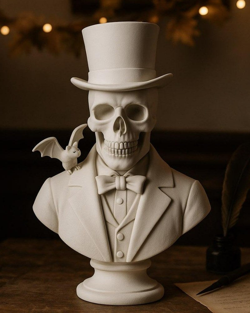 Buste de crâne gentleman avec haut-de-forme, nœud papillon et petite chauve-souris sur l'épaule, vue de face