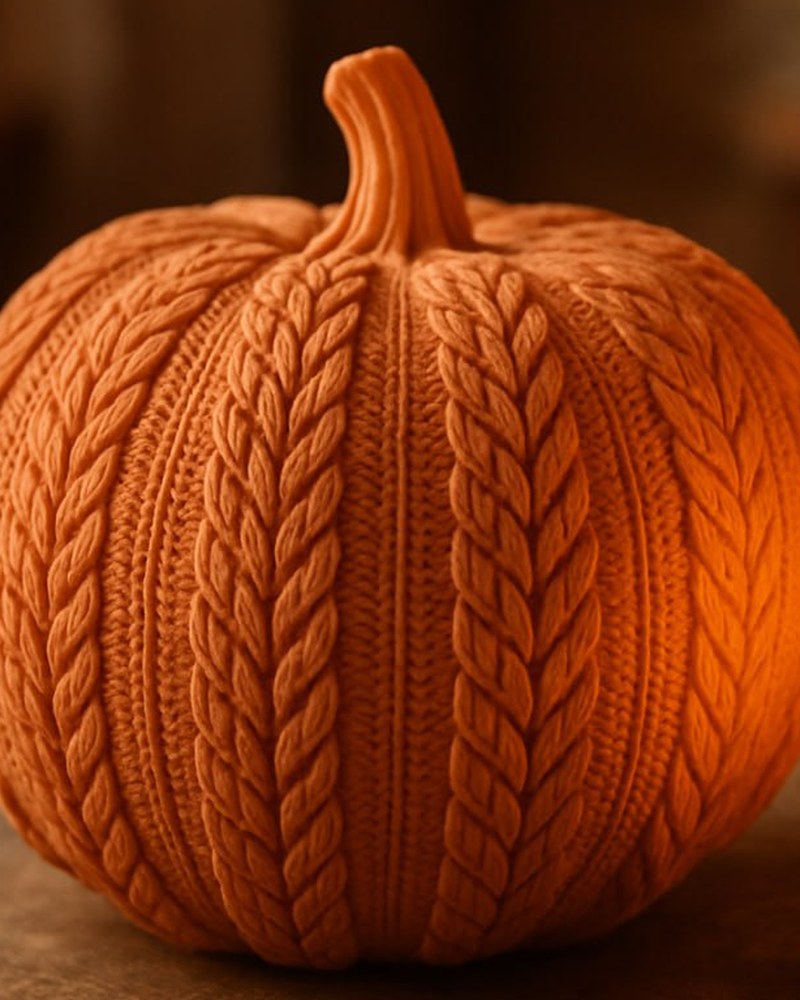 Gros plan d'une citrouille tricotée orange chaud à surface côtelée aspect textile