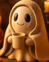Figurine de fantôme attendrissante enveloppée dans une couverture avec un petit mug, finition mate, vue de face