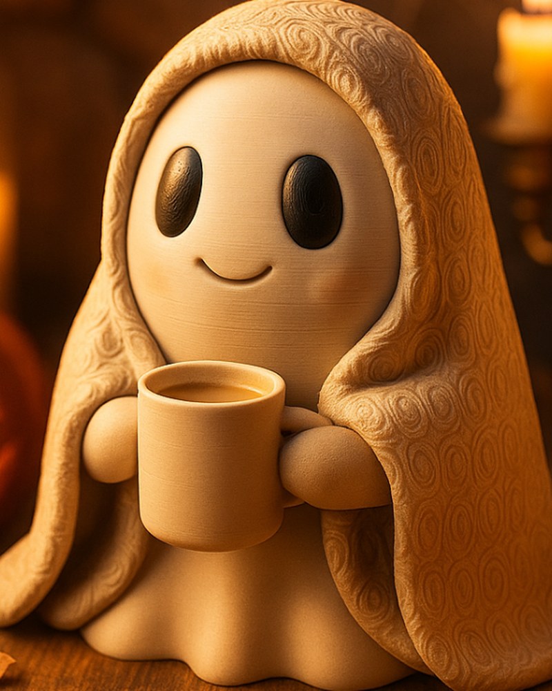 Figurine de fantôme attendrissante enveloppée dans une couverture avec un petit mug, finition mate, vue de face