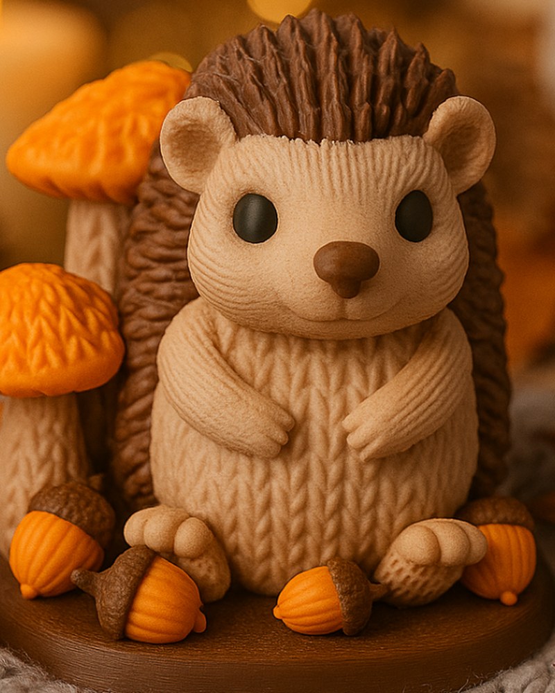 Gros plan d'une figurine de hérisson à motif tricoté et yeux vert forêt sur un pied champignon