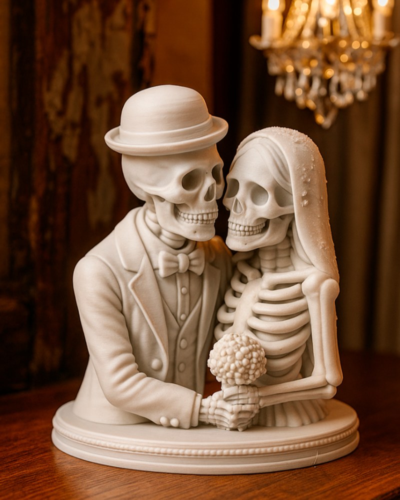 Figurine couple de mariés squelettes, le marié en chapeau melon et la mariée avec bouquet, fond blanc