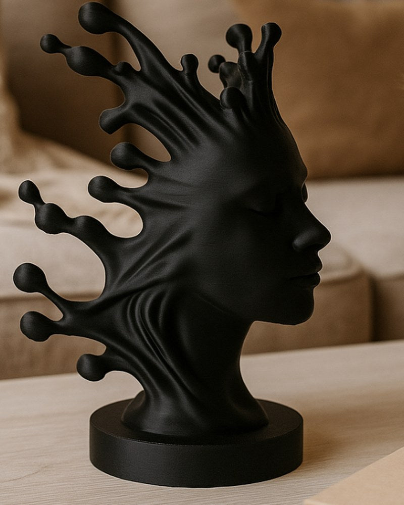 Buste de femme abstrait noir mat aux formes organiques fluides, vu de face sur fond blanc