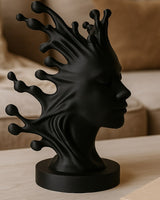 Buste de femme abstrait noir mat aux formes organiques fluides, vu de face sur fond blanc