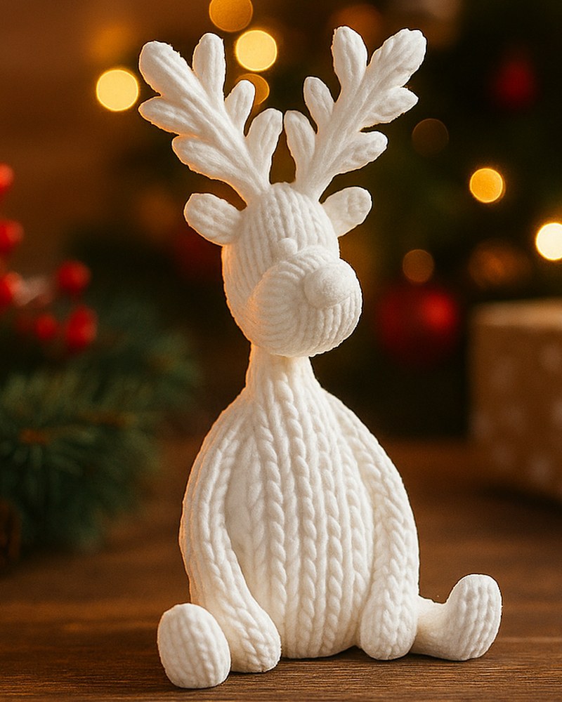 Figurine renne blanc façon tricot sur une surface en bois, finition mate et texture tricotée détaillée