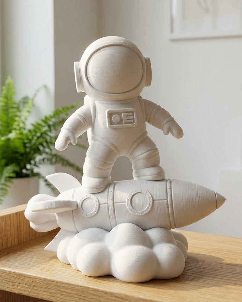 Gros plan d'une sculpture d'astronaute sur une fusée, socle en forme de nuage et formes douces et rondes