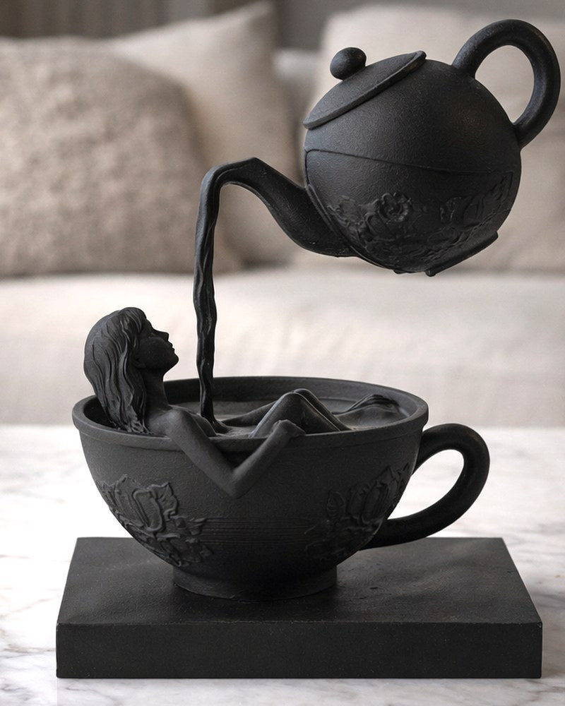 Sculpture surréaliste noir mat d'une femme se reposant dans une tasse de thé, vue de face