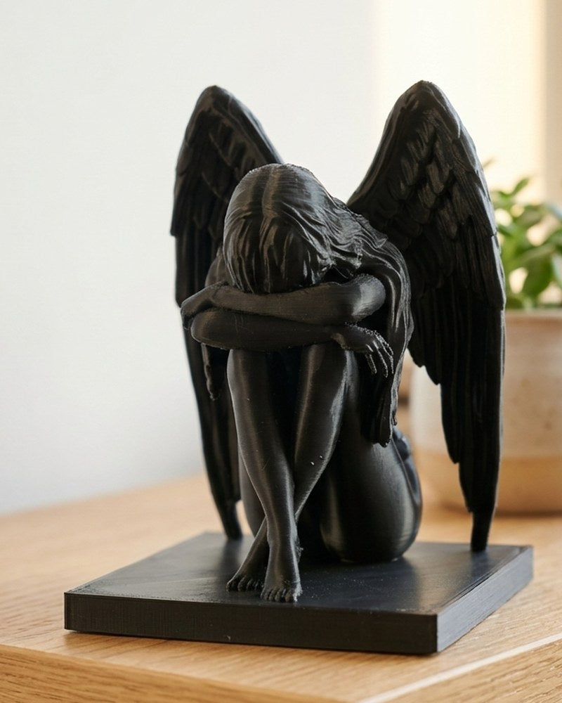 Ange pleureur noir mat, assis les ailes repliées, vu de face sur fond blanc